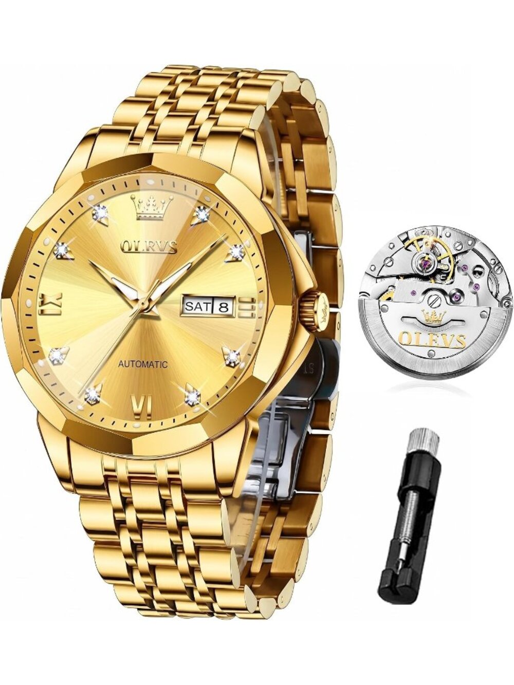 OLEVS Men's All Gold Luxury Gold Stainless Steel Big Face Waterproof Watch